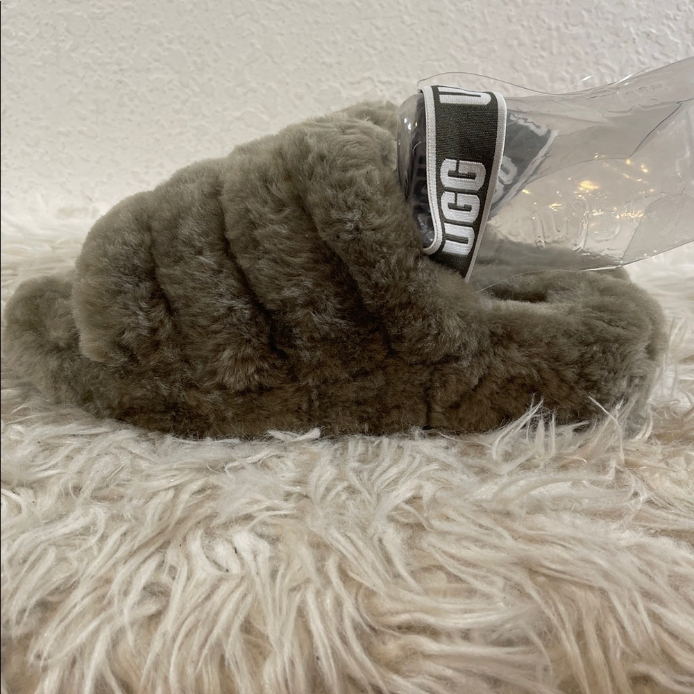 UGG Women's Fluff Yeah Slide Slipper 1095119 Burnt Olive Real Fur Lamb Sz. 9 NEW - Picture 7 of 15